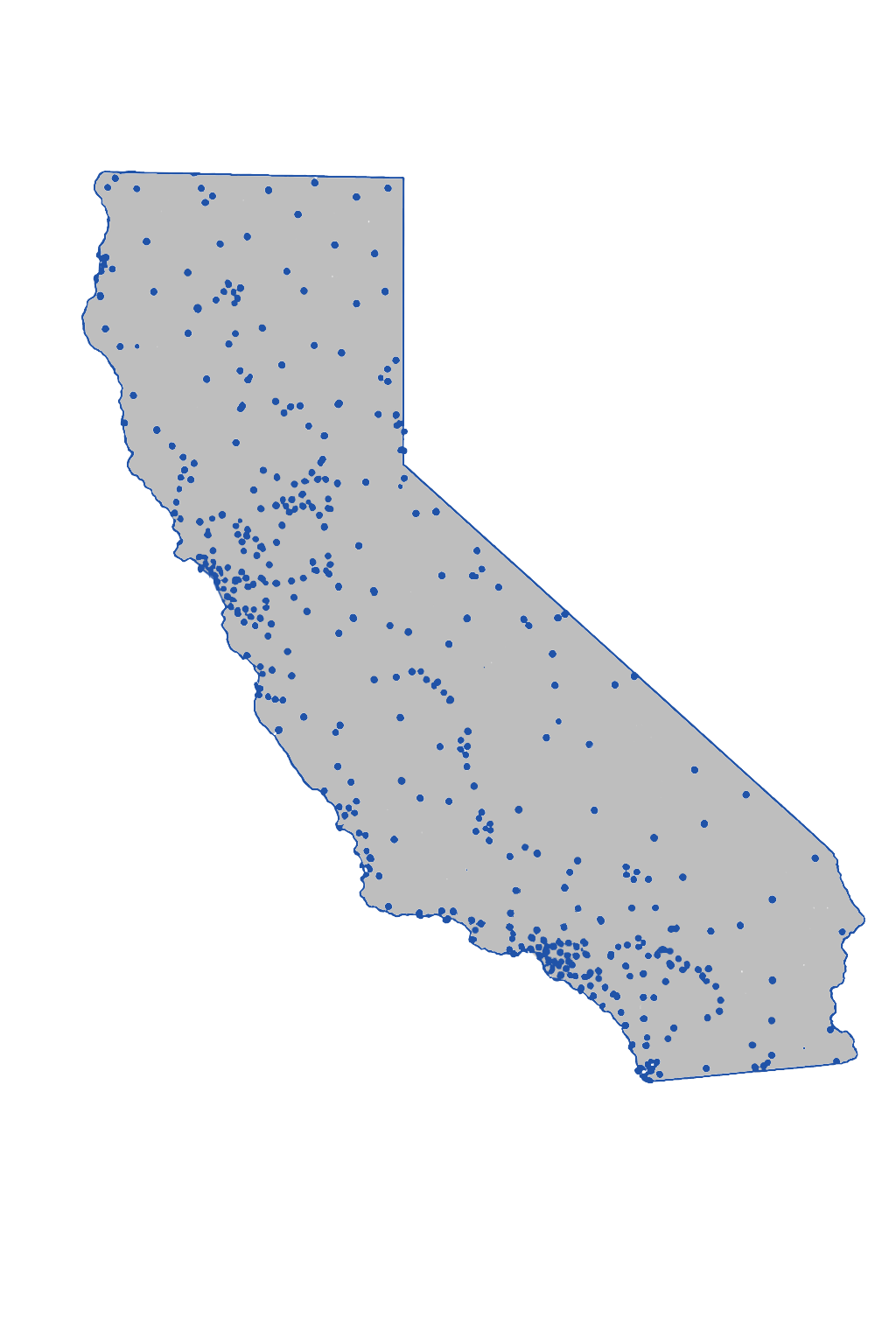 Gray map of California with blue dots representing locations